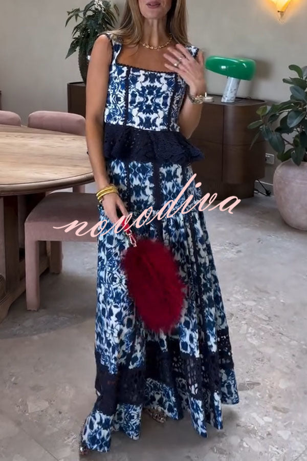 Giselle Floral Print Crochet Lace Trim Smocked Tank and Elastic Waist A-line Maxi Skirt Set