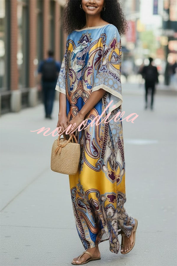 Luxury Vacation Satin Court-style Printed Batwing Sleeve Loose Kaftan Maxi Dress