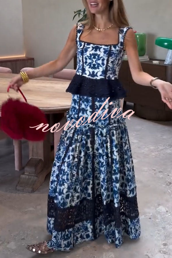 Giselle Floral Print Crochet Lace Trim Smocked Tank and Elastic Waist A-line Maxi Skirt Set