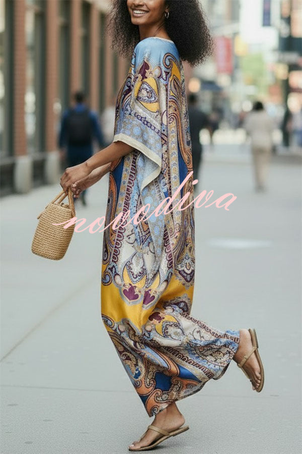 Luxury Vacation Satin Court-style Printed Batwing Sleeve Loose Kaftan Maxi Dress