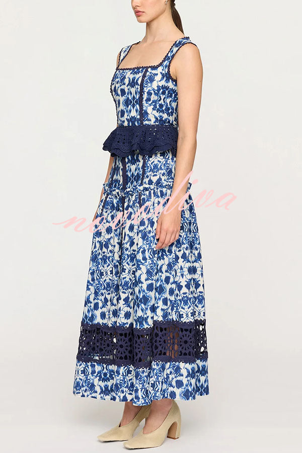 Giselle Floral Print Crochet Lace Trim Smocked Tank and Elastic Waist A-line Maxi Skirt Set