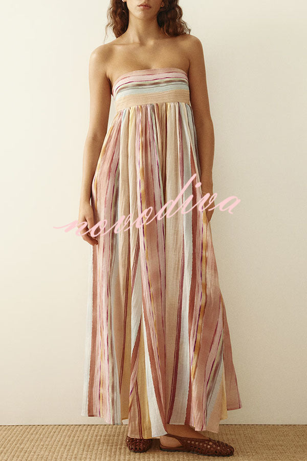 Sindie Linen Blend Colorful Striped Print Back Smocked Strpless Flare Maxi Dress