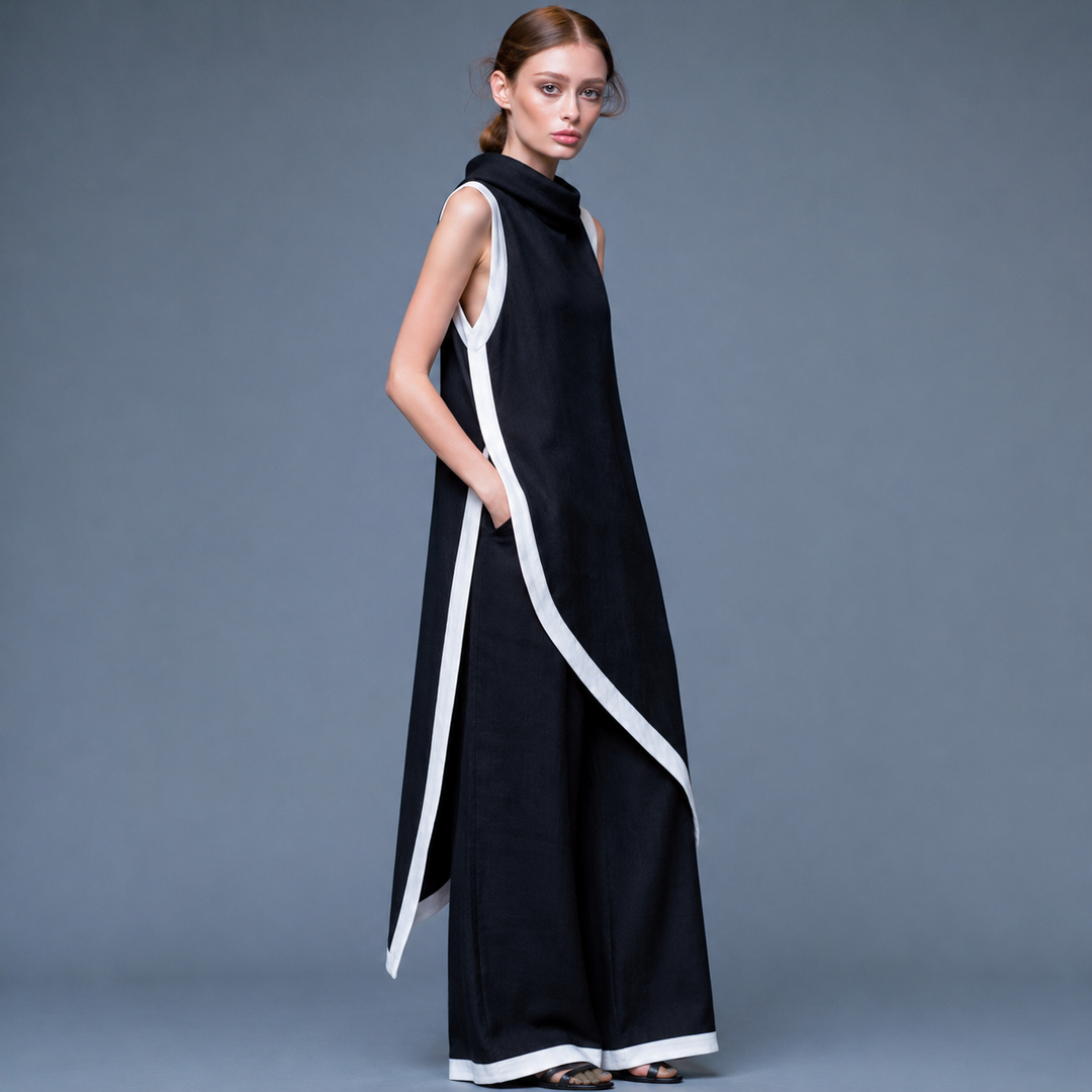 Sleeveless Contrasting Wide-leg Pants Set