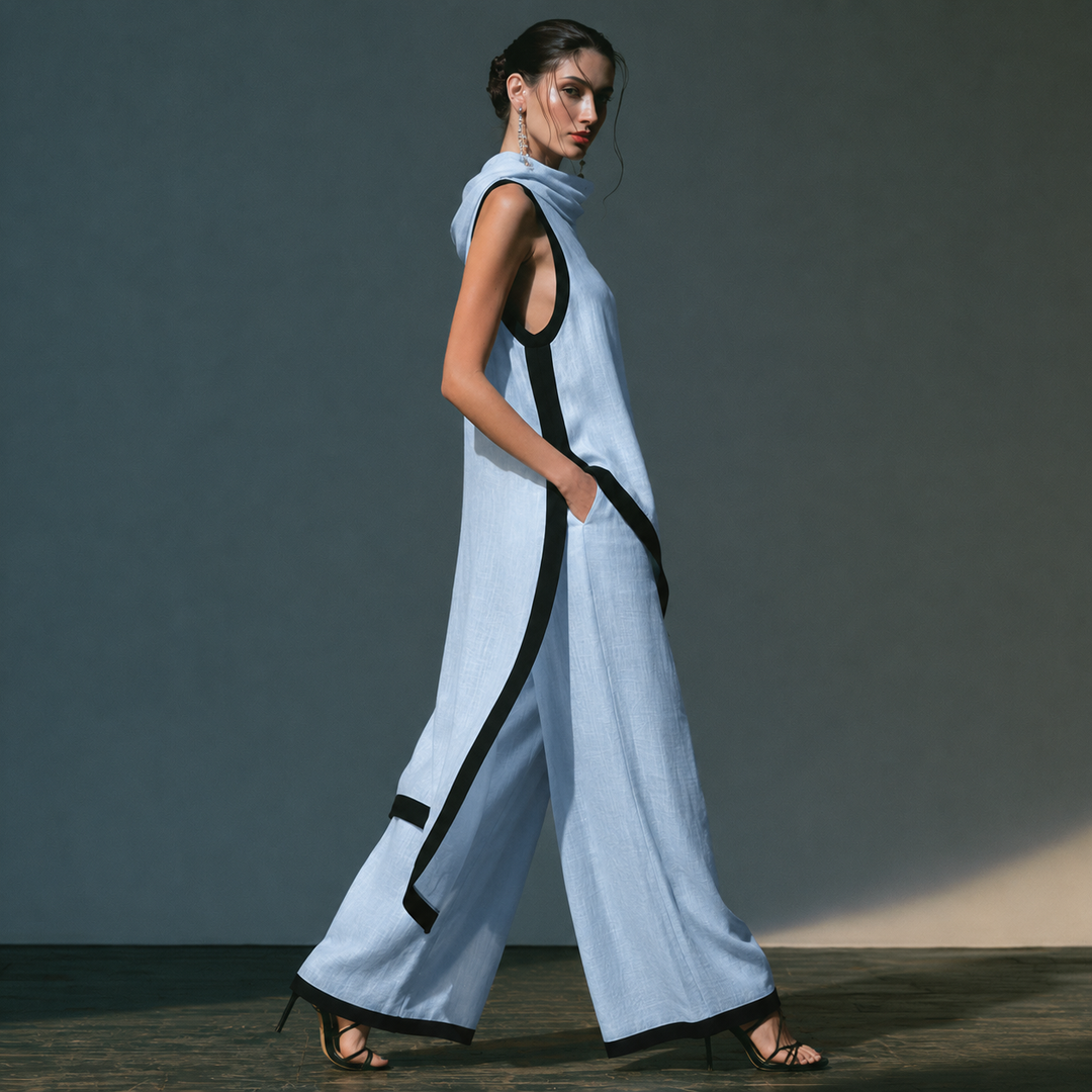 Sleeveless Contrasting Wide-leg Pants Set