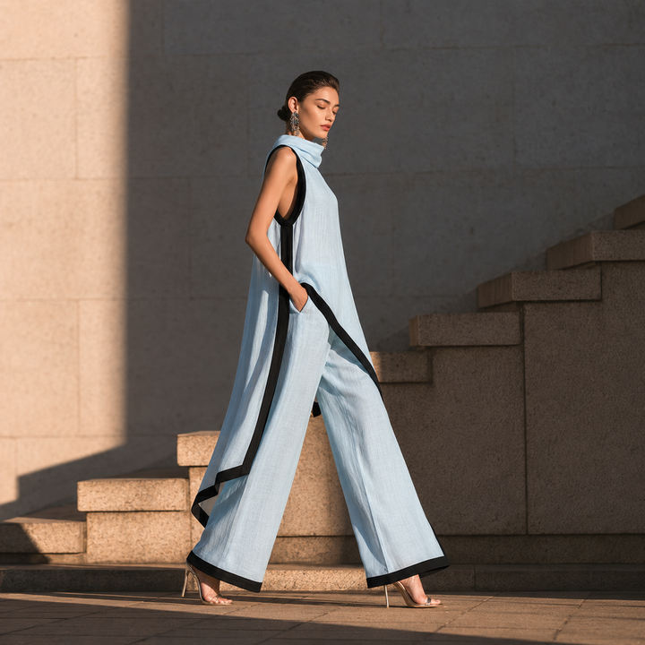 Sleeveless Contrasting Wide-leg Pants Set