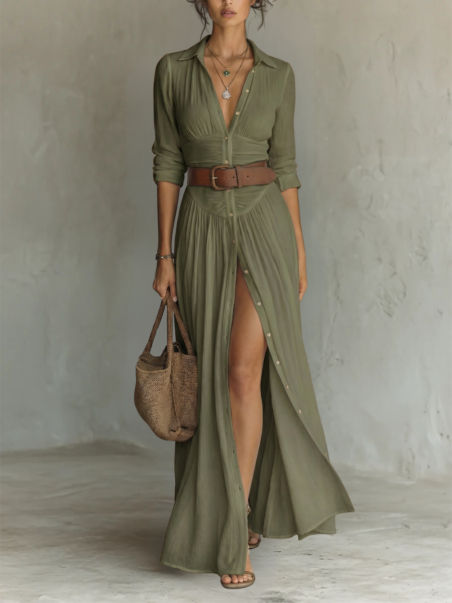 Amélia™ — Robe maxi élégante à col revers