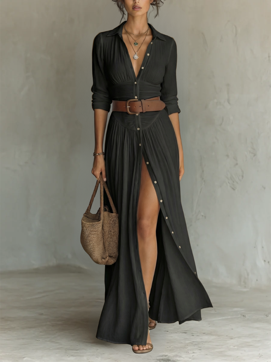 Amélia™ — Robe maxi élégante à col revers