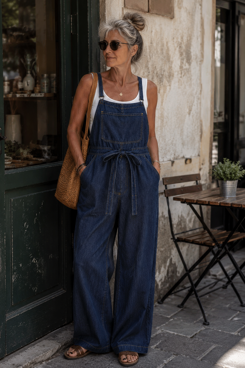 A woman wearing a dark blue denim overall jumpsuit with a white tank top underneath, standing on a stone sidewalk next to a rustic storefront.