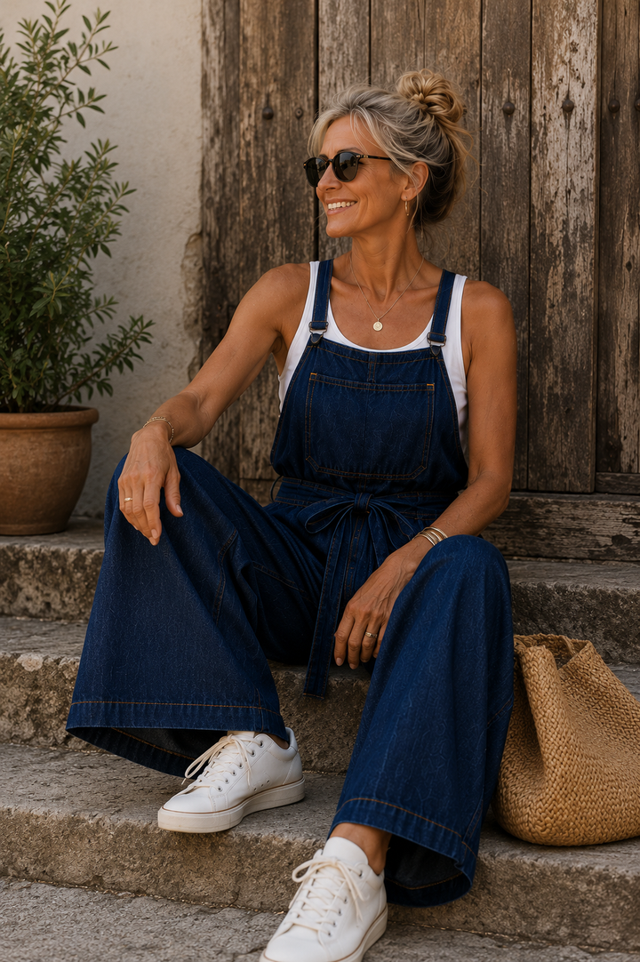 A woman wearing a dark blue denim overall jumpsuit with wide legs, a white tank top, white sneakers, and sunglasses, sitting on stone steps next to a potted plant and a straw bag.