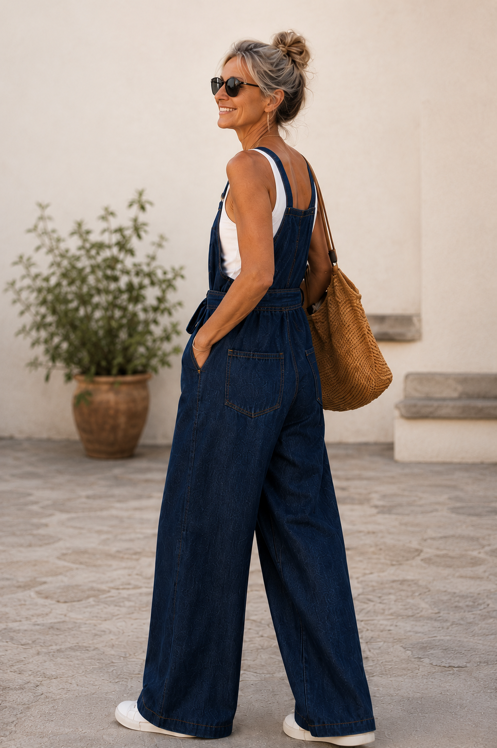 A woman wearing a dark blue denim overall jumpsuit with a white tank top underneath, sunglasses, and a brown woven shoulder bag, standing outdoors against a light-colored wall.