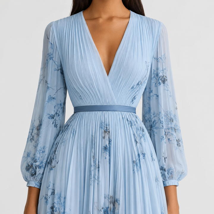 Isabelle | Elegant Pleated V-Neck Midi Dress Women Summer Flowy