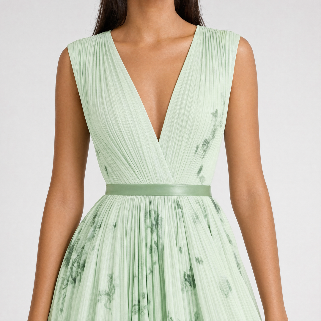 Isabelle | Elegant Pleated V-Neck Midi Dress Women Summer Flowy