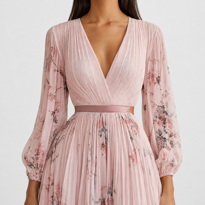 Isabelle | Elegant Pleated V-Neck Midi Dress Women Summer Flowy