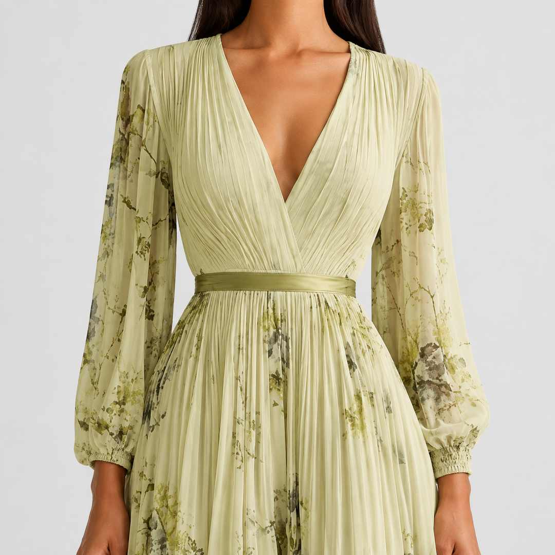 Isabelle | Elegant Pleated V-Neck Midi Dress Women Summer Flowy