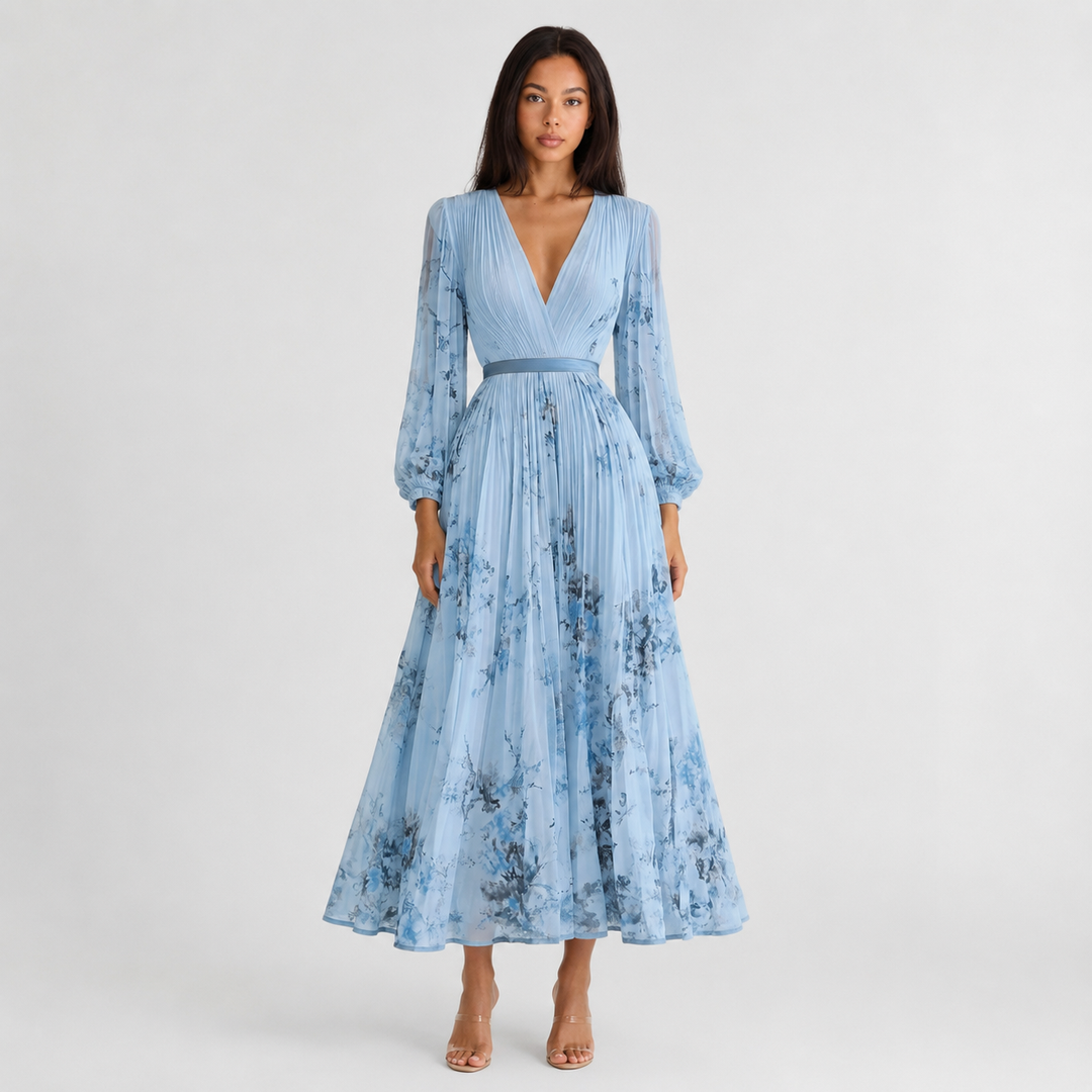 Isabelle | Elegant Pleated V-Neck Midi Dress Women Summer Flowy