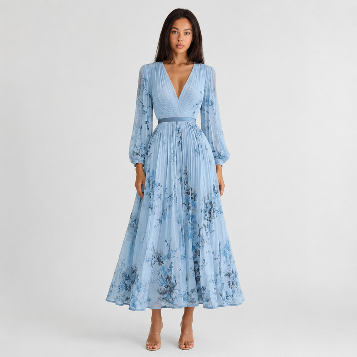 Isabelle | Elegant Pleated V-Neck Midi Dress Women Summer Flowy