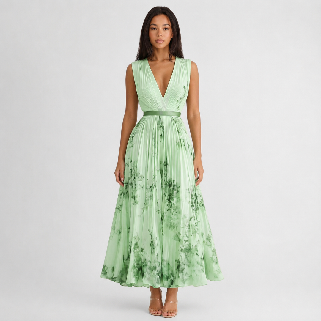 Isabelle | Elegant Pleated V-Neck Midi Dress Women Summer Flowy