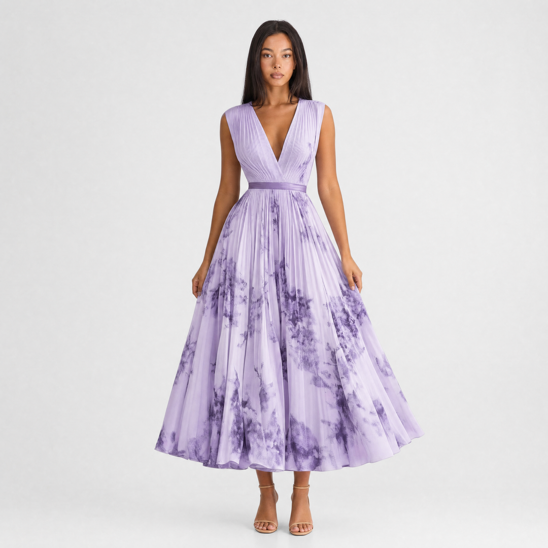 Isabelle | Elegant Pleated V-Neck Midi Dress Women Summer Flowy