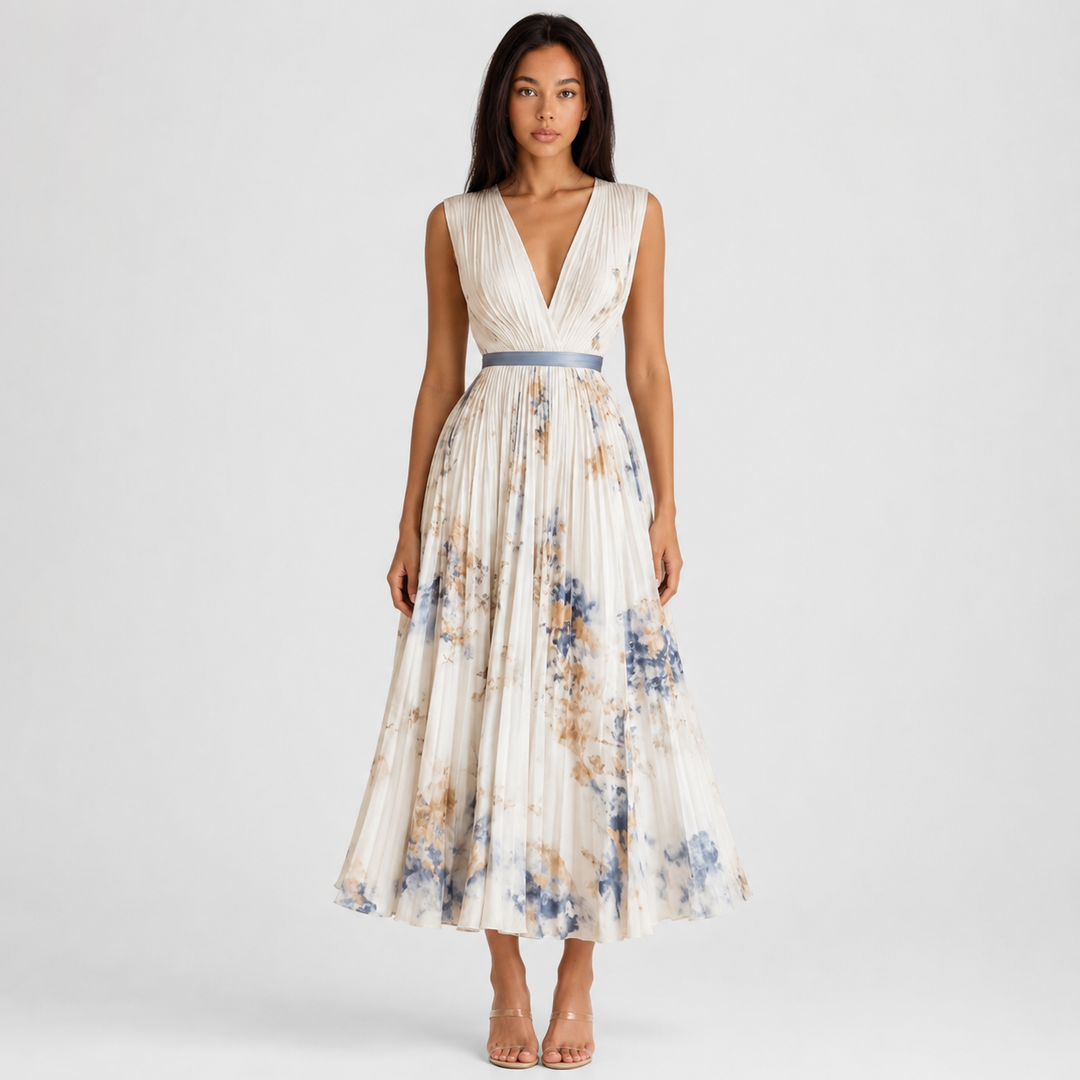 Isabelle | Elegant Pleated V-Neck Midi Dress Women Summer Flowy