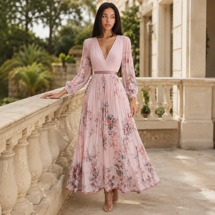 Isabelle | Elegant Pleated V-Neck Midi Dress Women Summer Flowy