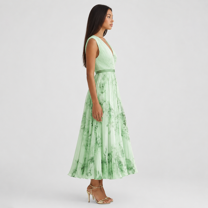 Isabelle | Elegant Pleated V-Neck Midi Dress Women Summer Flowy