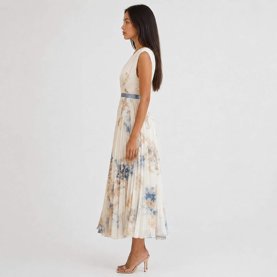 Isabelle | Elegant Pleated V-Neck Midi Dress Women Summer Flowy