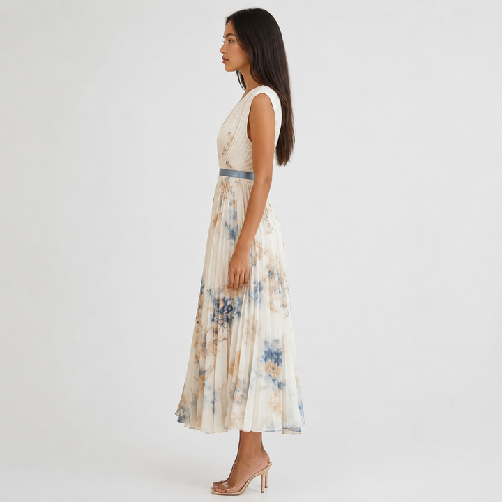 Isabelle | Elegant Pleated V-Neck Midi Dress Women Summer Flowy