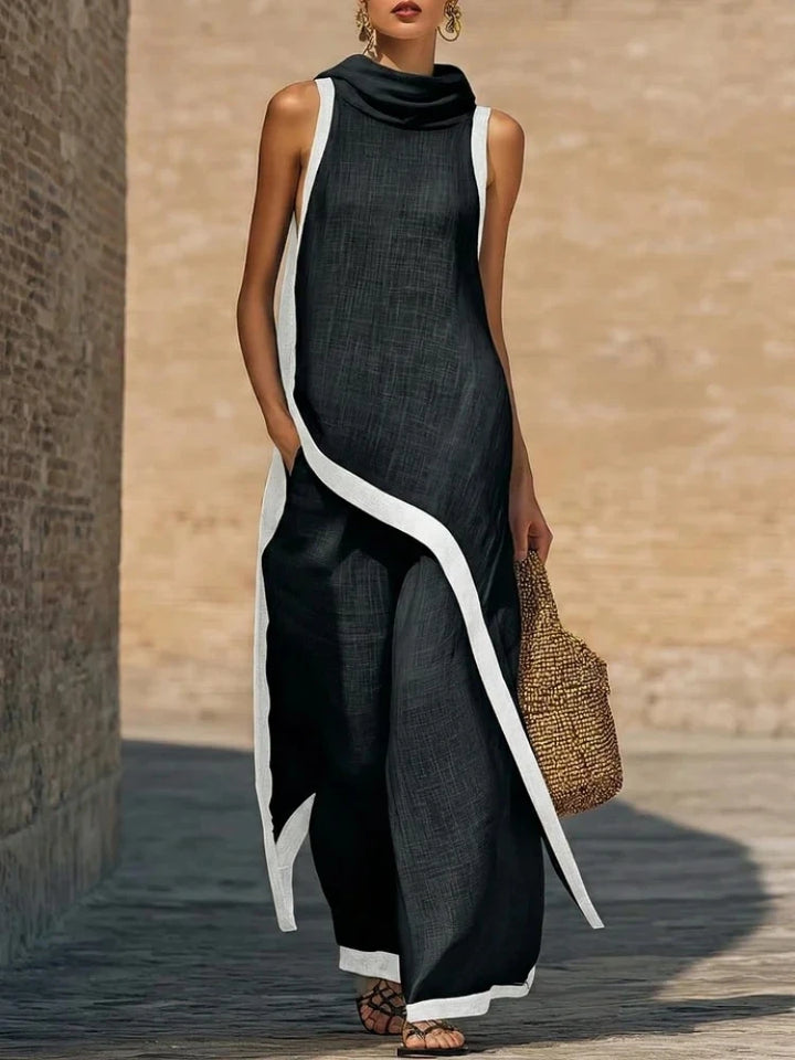 Women's Two-piece Sleeveless Contrasting Color Wide-leg Trousers 2026 Summer Casual Fashion Solid Color Irregular Suit For Women