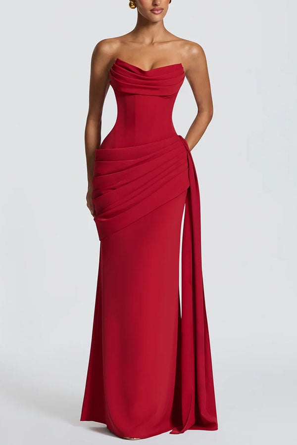 Matisse Strapless Pleated Cowl Overlay Back Lace-up Drape Panel Maxi Dress