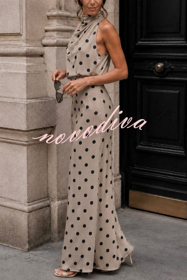 Parisian Satin Polka Dot Print High Neck Sleeveless Drape Maxi Dress