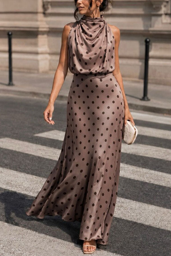 Parisian Satin Polka Dot Print High Neck Sleeveless Drape Maxi Dress