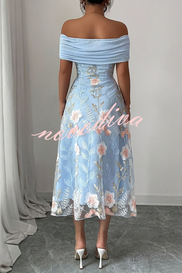 Elegant Ruched Off-Shoulder Floral Appliqué Midi Dress