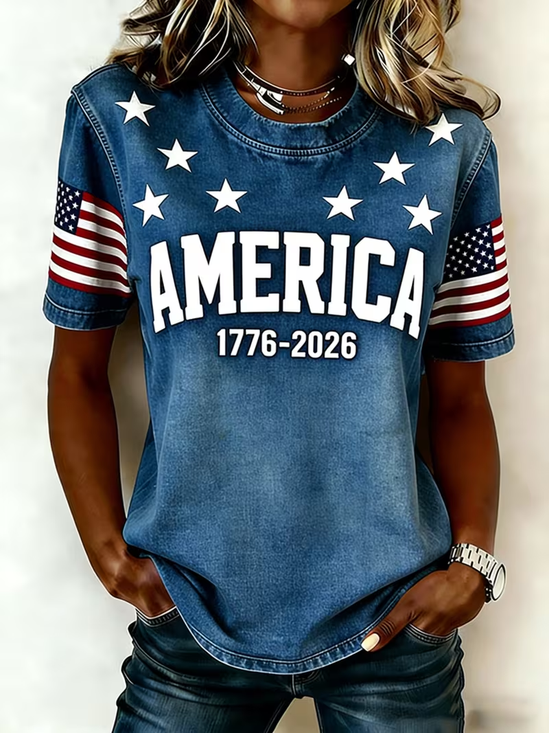 Casual T-shirt met Amerikaanse Vlag Print Ronde Hals