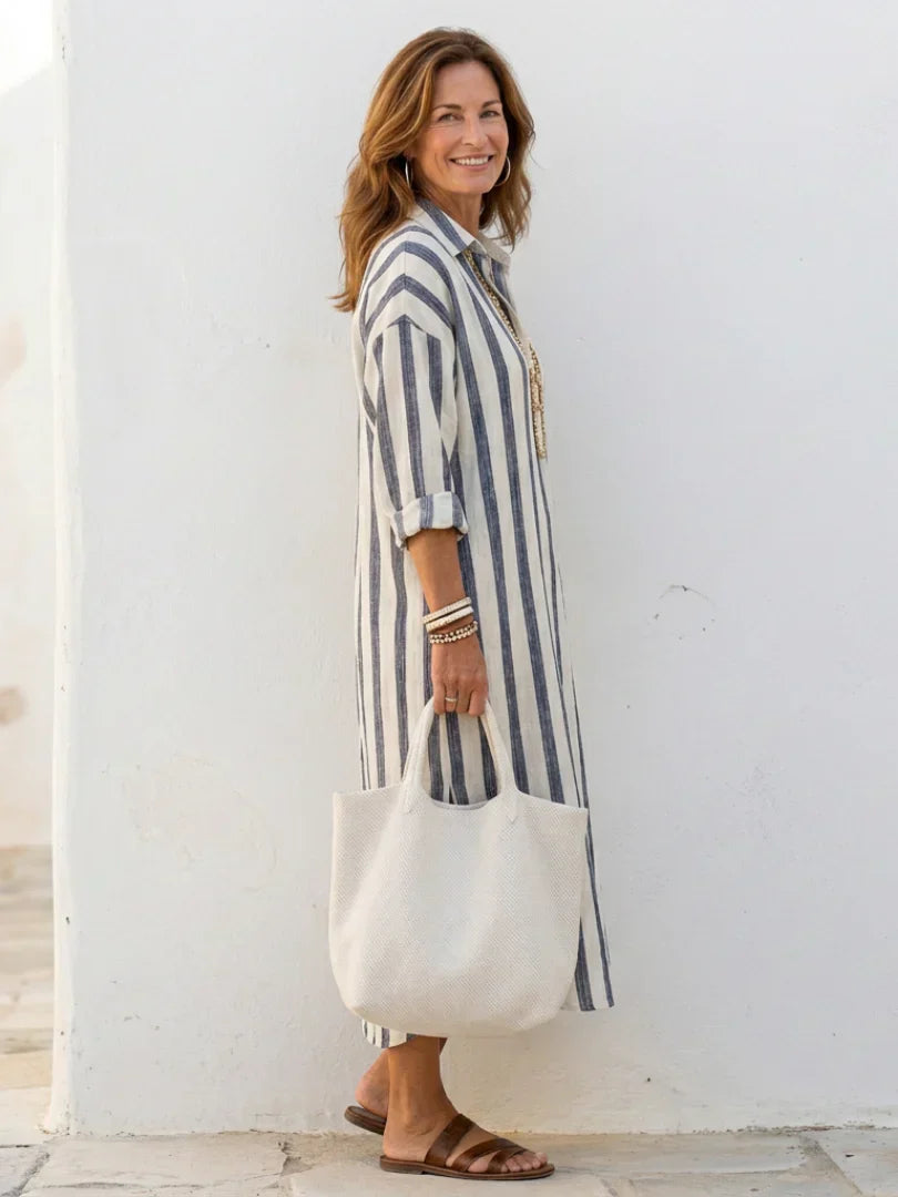 Gestreepte Midi Shirtjurk | V-hals Dames Zomer