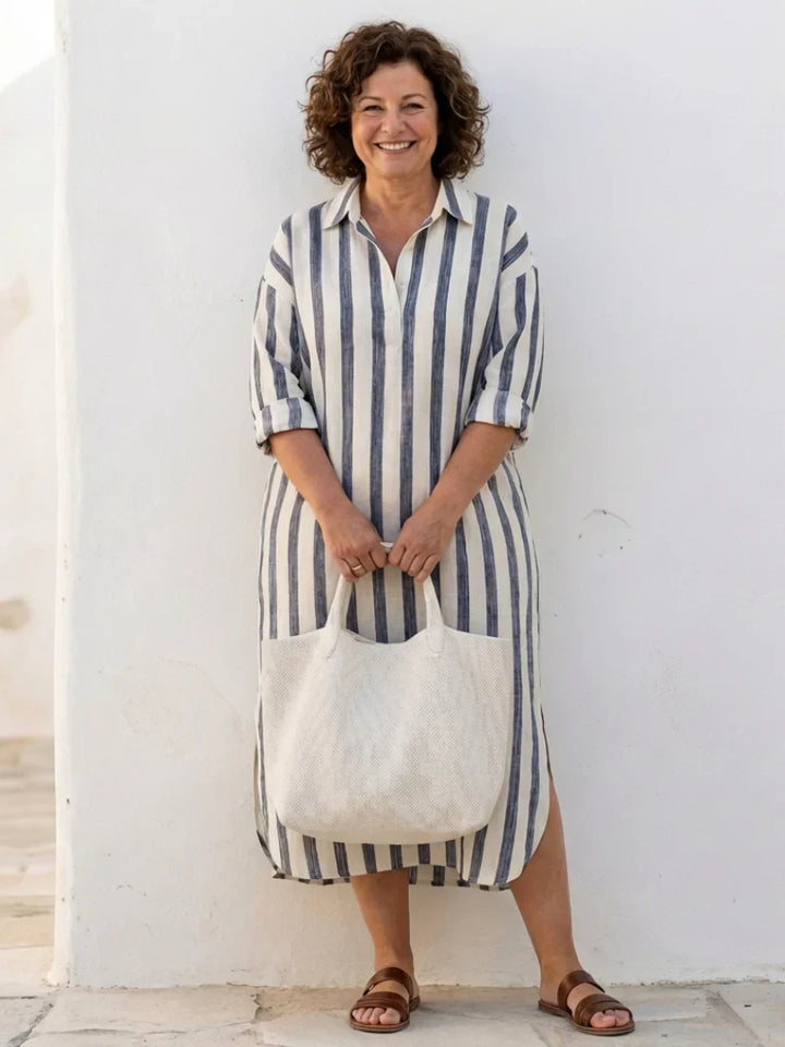 Gestreepte Midi Shirtjurk | V-hals Dames Zomer