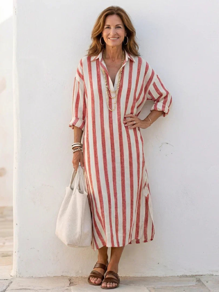 Gestreepte Midi Shirtjurk | V-hals Dames Zomer