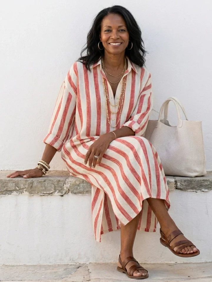 Gestreepte Midi Shirtjurk | V-hals Dames Zomer