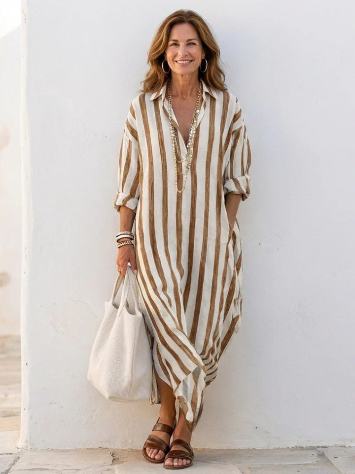 Gestreepte Midi Shirtjurk | V-hals Dames Zomer