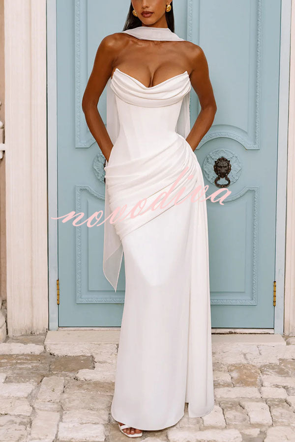 Matisse Strapless Pleated Cowl Overlay Back Lace-up Drape Panel Maxi Dress