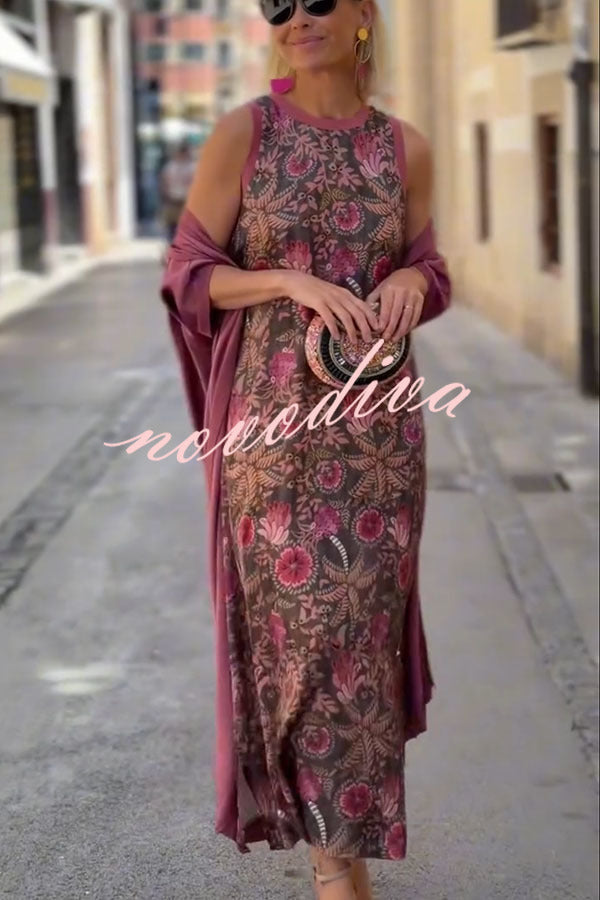 Riviera Unique Print Slit Tank Midi Dress and Satin Kimono Cover-up Two Pieces Set