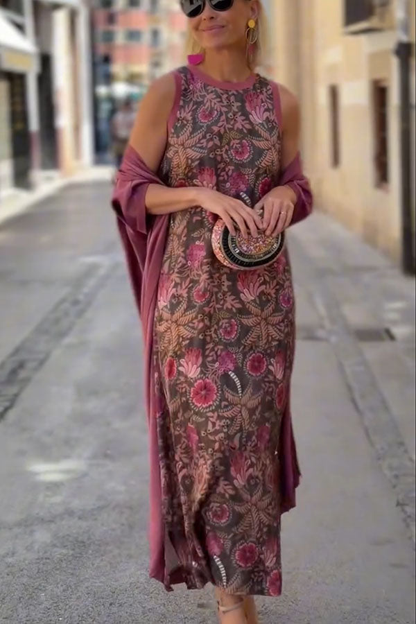 Riviera Unique Print Slit Tank Midi Dress and Satin Kimono Cover-up Two Pieces Set