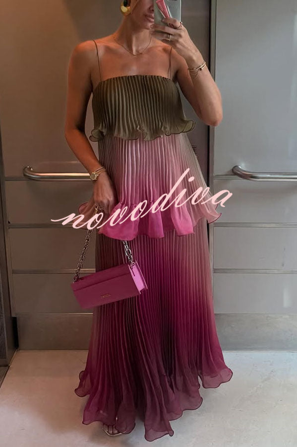 Exquisite Pleated Organza Gradient Print Layered Ruffles Slip Maxi Dress