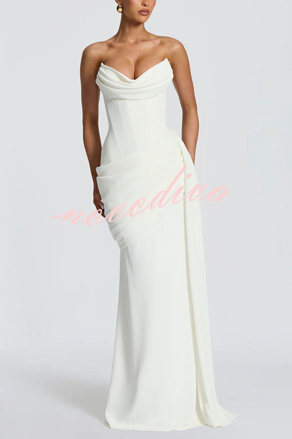 Matisse Strapless Pleated Cowl Overlay Back Lace-up Drape Panel Maxi Dress