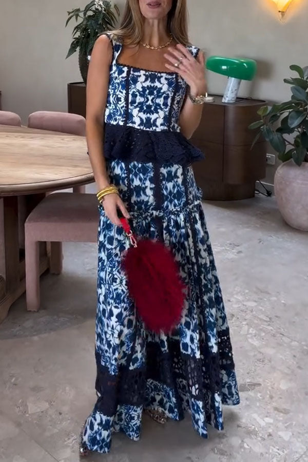 Giselle Floral Print Crochet Lace Trim Smocked Tank and Elastic Waist A-line Maxi Skirt Set