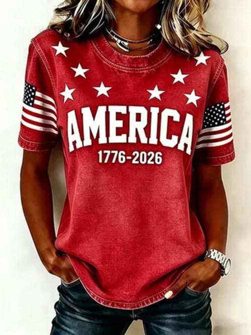 Casual T-shirt met Amerikaanse Vlag Print Ronde Hals