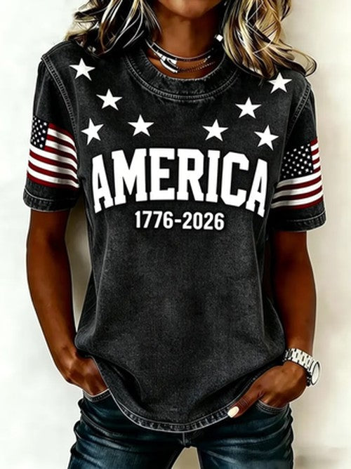 Casual T-shirt met Amerikaanse Vlag Print Ronde Hals