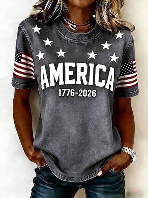 Casual T-shirt met Amerikaanse Vlag Print Ronde Hals