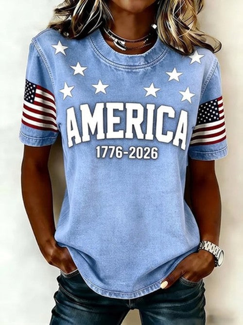 Casual T-shirt met Amerikaanse Vlag Print Ronde Hals