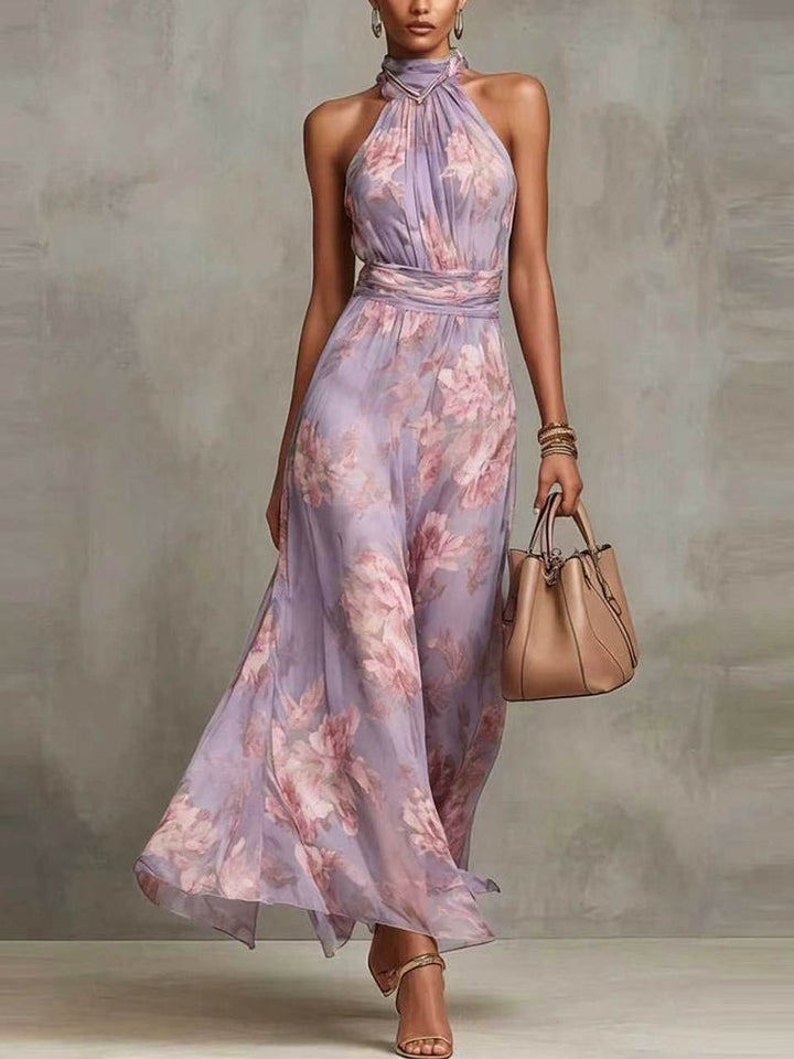 Pink Floral Chiffon Halter Maxi Dress