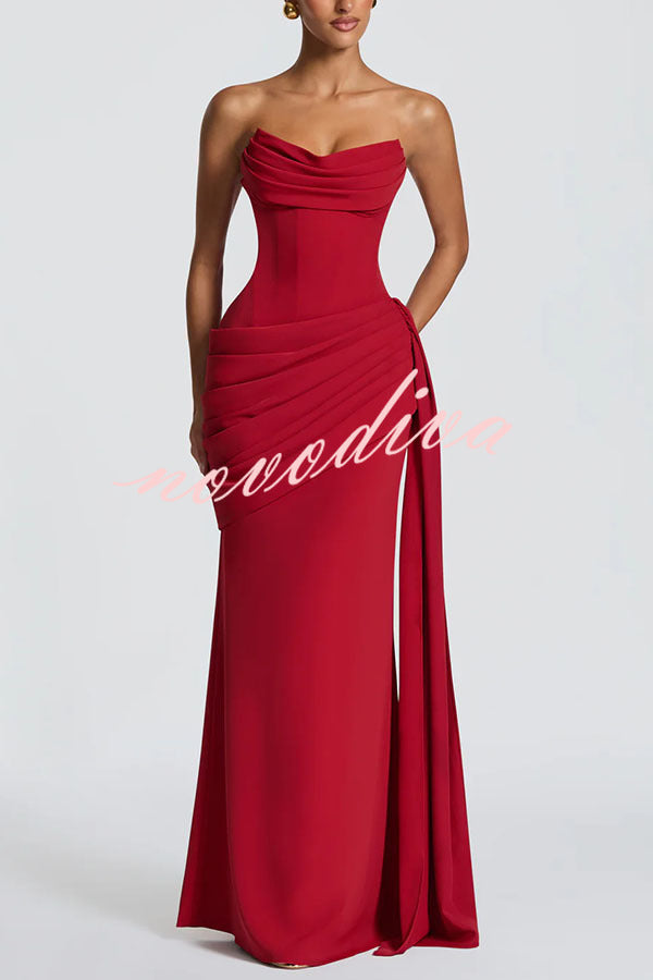 Matisse Strapless Pleated Cowl Overlay Back Lace-up Drape Panel Maxi Dress